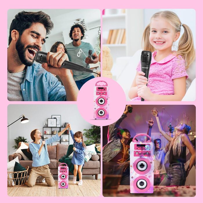 Караоке DYNASONIC з 2 мікрофонами, портативна машина для караоке, Bluetooth-динамік, USB та SD-картрідер, світлові ефекти, подарунок для дітей 5-13 років (Model 15 lights)
