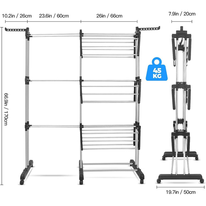 Висувна сушилка для білизни Turm з 6 розкладними крилами на 3 рівнях, стабільна, для дому та вулиці, 2-в-1