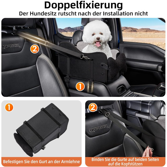 Автокрісло для собак та котів GGW | Безпечне автокрісло для маленьких собак та котів з подвійним кріпленням, водонепроникне, з бічними кишенями та швидкою установкою (сумісне з 99% підлокітників) (Чорний, стандартний стиль)