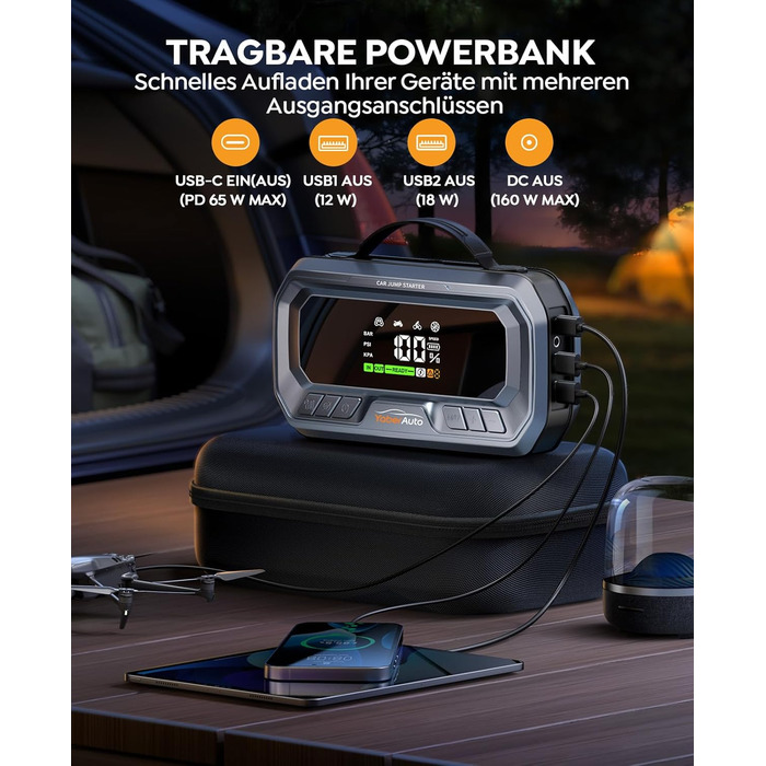 Powerbank YaberAuto для запуску двигуна з компресором, 160PSI, 6500A, PD 65W, 26800mAh. Запуск авто, 600 люмен, LCD екран