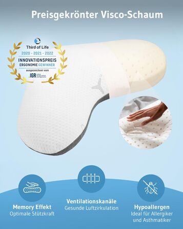 Third of Life Orthopedic Side Sleeper Pillow Twist with innovative Intense cover, Memory Foam Pillow against neck pain, Ergonomic pillow for side sleepers & allergy sufferers