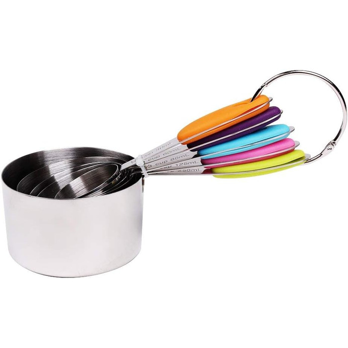 Набір мірних ложок Xingxinrong з нержавіючої сталі (5 мірних ложок + 1 кільце) з силіконовою ручкою, з гравіюванням шкали США та міжнародної системи, придатний для миття в посудомийній машині, аксесуари для приготування їжі та випічки для кухні