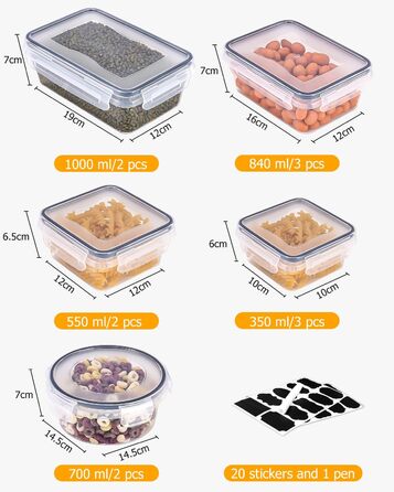 Набір контейнерів для зберігання продуктів 24 шт. з кришкою, герметичні, для кухні, 1L/0.84L/0.7L/0.55L/0.35L