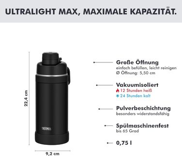 Термос Thermos Ultralight Max з ручкою, вакуумна пляшка з нержавіючої сталі 750 мл, матовий чорний (Charcoal Black Mat)