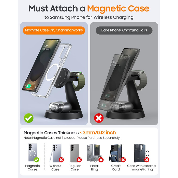 Бездротова зарядка Meifigno 3-в-1 для Samsung Galaxy: Mag-Safe, годинник, навушники (чорний)