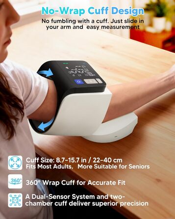 Тонометр на плече Arboleaf з великим LED-дисплеєм, вимірювання пульсу та частоти серцевих скорочень, 4x199 місця пам'яті, зарядка USB-C або AA-батареї, для домашнього використання, білий, компактний
