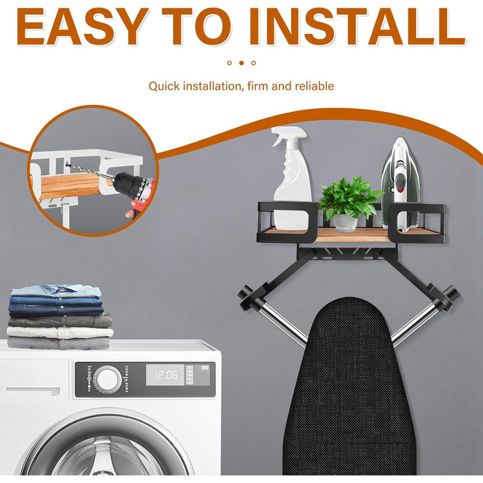 Настінна вішалка для праски та гладильної дошки з металевою конструкцією та кошиком для зберігання (чорна)