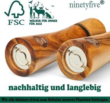 ninetyfive® Wooden Pepper Mill Set | Salt and Pepper Mills + Acacia Wood Coaster and Funnel Spoon | Spice Grinders with Ceramic Grinder (21cm) | High-Quality Gift Packaging