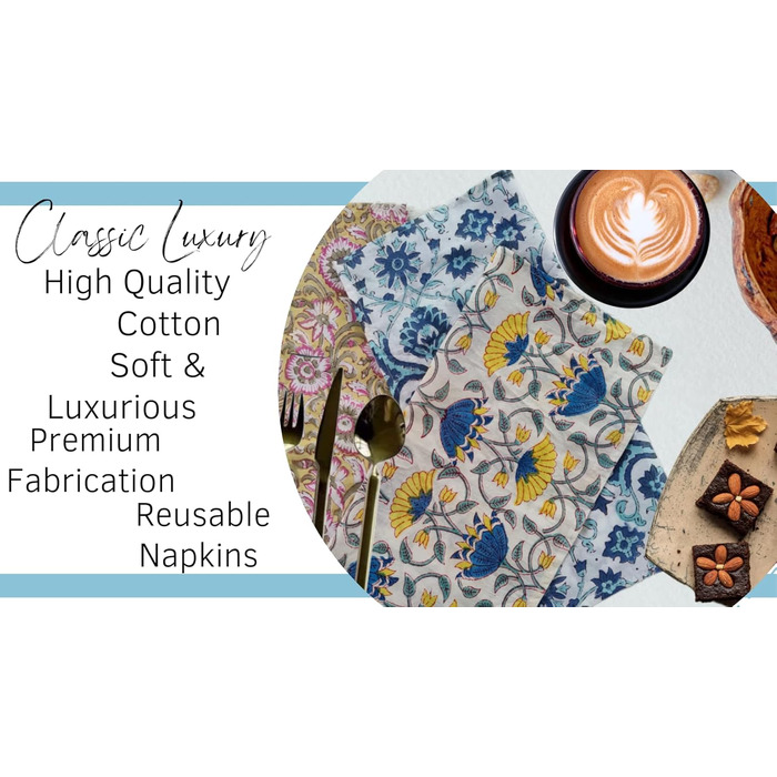 Cloth Napkins, 12 Pieces, Cotton, Floral Pattern, Reusable, Indian Block Print, Washable Napkins for Wedding, Party, Boho Decor (Multicolor 1), Size L (18.0 x 18.0 inches)