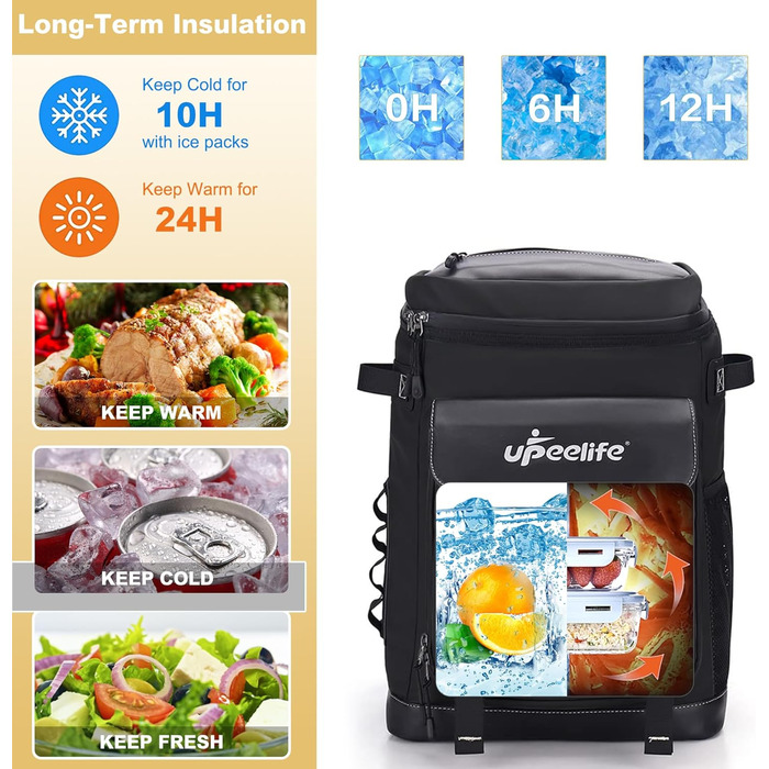 Рюкзак-холодильник Upeelife 30L з підкладкою для пікніка, чорний. Водонепроникний, для кемпінгу та пікніків
