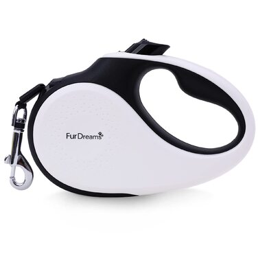 Рулетка для собак FurDreams – міцна висувна повідка 5 м | Зручна ручка з блокуванням | Міцний нейлоновий трос, що не заплутується | Кріплення для нашийника (велике) | Білий, великий