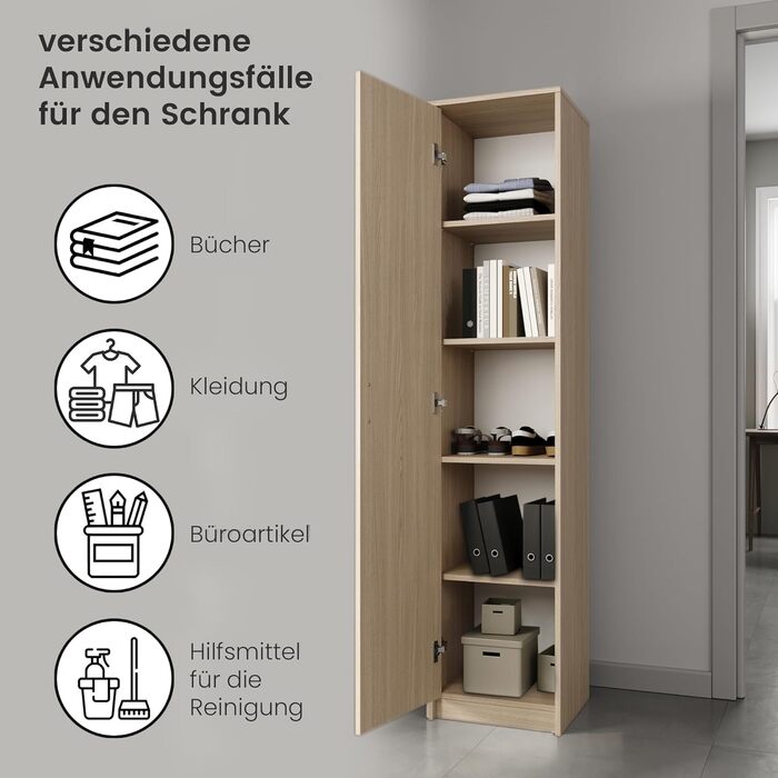 Bookshelf Wardrobe Shelf White 40cm wide 180cm high Cabinet Organizer Multi-purpose Cabinet with 4 adjustable shelves Filing cabinet Shelf Wall narrow Wood for bedroom Hallway Basement Office (Natural)