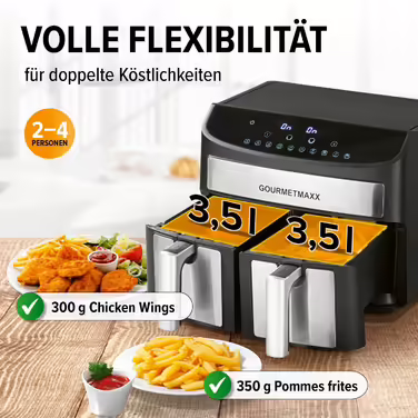 Gourmetmaxx Double Chamber Hot Air Fryer 2x 3.5L - Stainless Steel | Air Fryer with Synchro Cooking Zones, Timer Function & Touch Display | Energy-Saving Frying | 10 Programs | 2400 Watts Stainless Steel / Black 2x 3.5 Liters