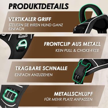 Шлейка для собак великих порід, анти-тяга, з 2 карабінами та зручною ручкою, регульована та світловідбиваюча, з м'якою підкладкою, для щоденних тренувань (Чорний, L) Розмір L (Окружність шиї: 42-60 см, Окружність грудей: 47-86 см) Чорний