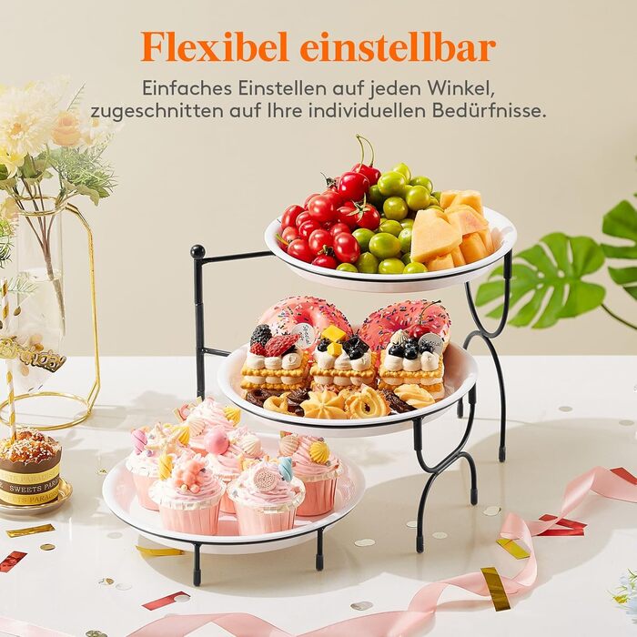 Lifewit 3-Tier Serving Tray, Round Serving Plates, White Reusable Food Trays with Display Stand for Buffets, Snacks, Vegetables, Fruit, Cookies, Dessert, Party Supplies, Black