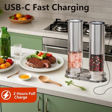 Rechargeable Electric Salt and Pepper Grinder Set with Base, Stainless Steel Spice Grinders with 95ml Transparent Container, White LED Light, and Adjustable Coarseness