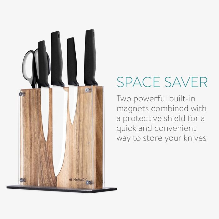 Navaris Magnetic Knife Holder, Double-Sided, Acacia Wood - Magnetic Knife Block, Cutting Board, Magnetic Holder - Knife Rack, Unfitted - with Protection