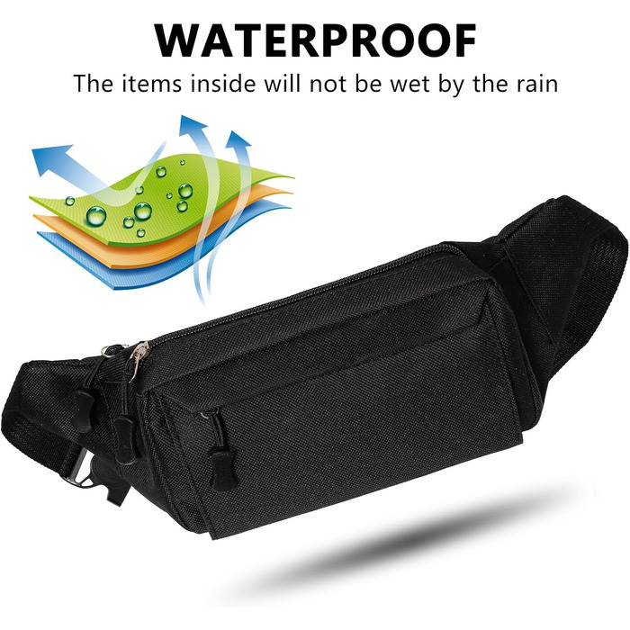 Гірчатка на пояс для жінок та чоловіків, водонепроникна сумка на стегно з багатьма кишенями для спорту, подорожей, бігу, походів, велоспорту, чорна