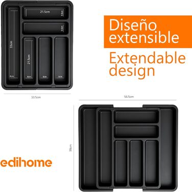 Органайзер для столових приборів Edihome в шухляду, розширюваний, 6-8 відділень, чорний, без BPA