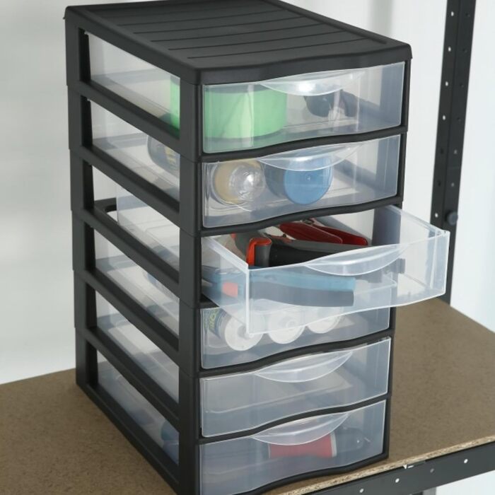 SUNDIS Orgamix, plastic drawer box, 6 transparent A4-size drawers, height 50 cm, stackable, ideal for storing office supplies, course materials, documents, accessories.
