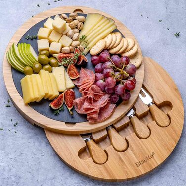 Bamboo Cheese Board with Cheese Knife Set and Slate Plate – Wooden Serving Platter for Cheese and Appetizers – 30cm Rotating Cheese Board – Round Serving Board – Cheese Board Charcuterie Board
