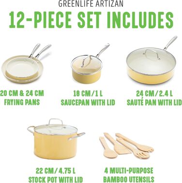 Набір посуду GreenLife Artizan 12 предметів з керамічним антипригарним покриттям, індукційний, безпечний (PFAS-free), сумісний з духовкою, можна мити в посудомийній машині, жовтого кольору