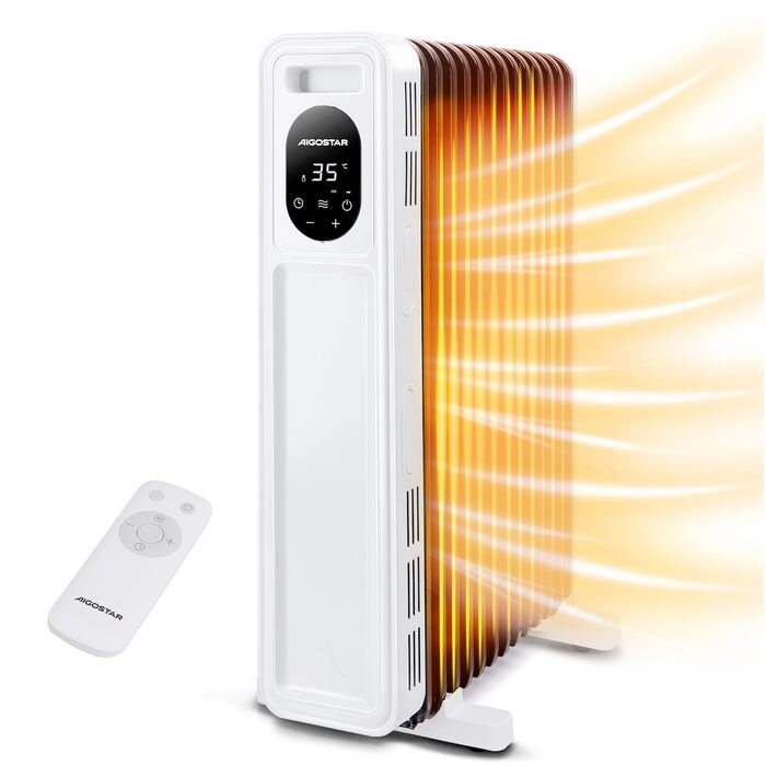 Електричний масляний радіатор Aigostar Snug 2500W з пультом керування, 13 ребер, термостат, 3 режими, ECO, таймер 24г, LED, захист від перекидання та перегріву