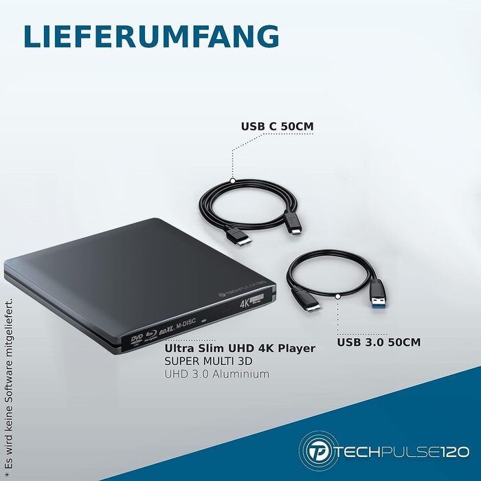 Зовнішній Blu-ray привід techPulse120 UHD 4K 3D M-Disc BDXL USB 3.0 та USB-C, DVD/CD записувач для ноутбука та ПК, Windows/Mac OS, алюміній, сірий