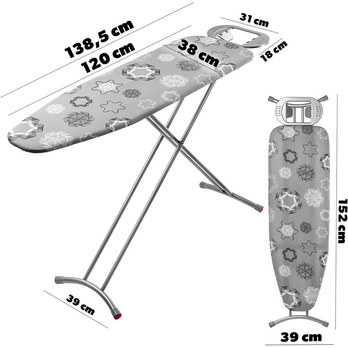 Відкидна гладильна дошка KADAX 120x38 см з металевою сіткою, регульована висота, з підставкою для праски (сіра)