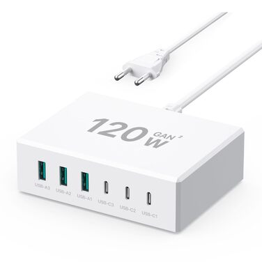 Зарядний пристрій USB-C 120W GaN, 6 портів, для iPhone/Samsung/Google/планшетів, білий