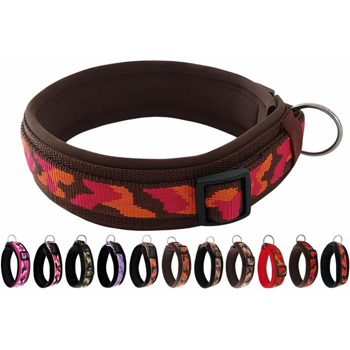 Нашийник для собак BUDDYPACK Extra-широкий та м'який з неопреновою підкладкою, всі розміри, кольоровий (S (38-43 см), помаранчево-червоний на коричневому)
