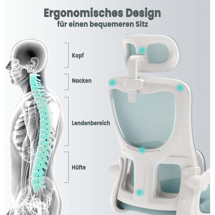 Крісло офісне WOLTU ергономічне, крісло для робочого столу з функцією гойдання, регульована підголовник, поворотні підлокітники, підтримка попереку, офісне крісло, витримує 150 кг (Блакитний)