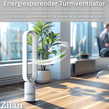Вентилятор Zilan Turmventilator з пультом дистанційного керування BLDC – енергоефективний, 10 швидкостей/режимів, 900 м³/год, з коливанням, таймером та сенсорним дисплеєм