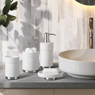 Набір аксесуарів для ванної кімнати з діамантами: органайзер для зубних щіток, дозатор мила, стакан для зубних щіток, мильниця, контейнер для ватних паличок, 5 шт., білий з металевим цоколем