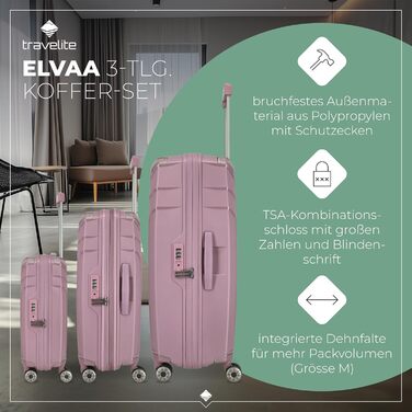 Валіза Travelite ELVAA Rosé 66 см (72-77 л) з розширюваним об'ємом, TSA-замком та захисними кутками. Набір валіз (L/M/S).