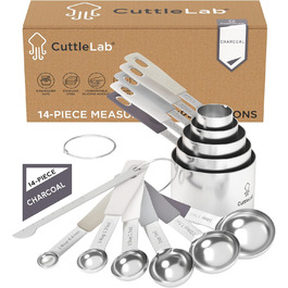Набір мірних чаш і ложок CuttleLab, 14 шт, нержавіюча сталь, антрацит — мірні чашки і ложки з левелером, для сухих та рідких інгредієнтів, включає 1/8 чайної ложки та 1/8 чашки