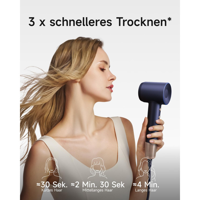 Фен Laifen з магнітною насадкою, 200 млн негативних іонів, 110 000 об/хв, швидке сушіння, Swift Premium, кобальтово-синій