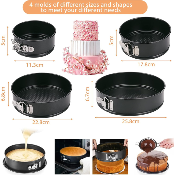 Набір форм для випічки Amzeeniu Springform (4 шт.) 12/18/22/26 см, професійні, круглі, знімний дно, антипригарне покриття, для пирогів, піци та кішів, з вуглецевої сталі