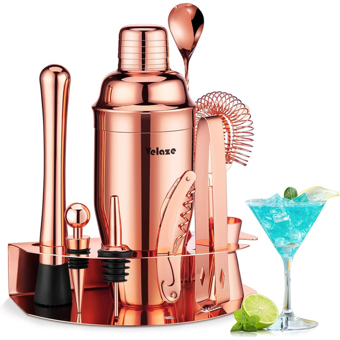 Набір шейкерів для коктейлів Velaze, 10 предметів, нержавіюча сталь, рожеве золото, професійний барний набір для дому, бару та вечірок