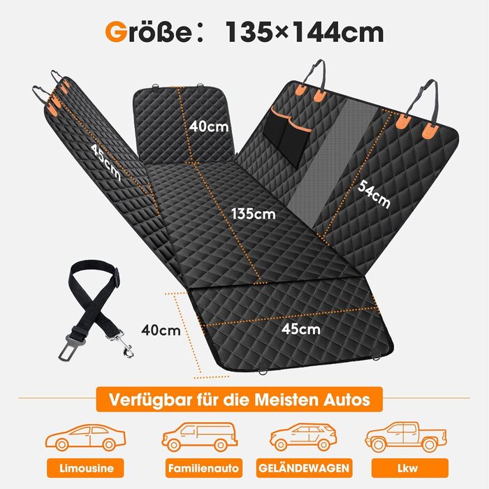 JOEJOY Dog Car Seat Cover - Waterproof & Scratch-Resistant Back Seat Protector with Side Flaps & Window, for Cars, Vans, SUVs - 135x144cm - Black