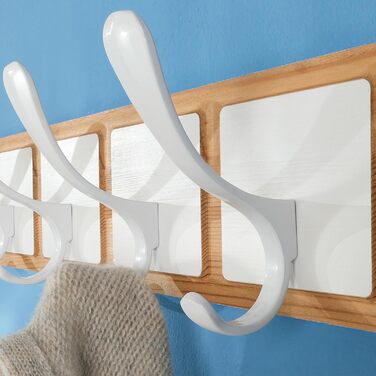 SKOLOO Coat Rack Wood - 44cm, Engraved Design, Sturdy Wall Hooks with 6 Hooks, for Hanging Clothes, Coats, Hats, Jackets, Scarves, Backpacks, Hook Rail Wood All White