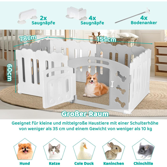 Летворешітка для цуценят Mamizо 60 см, 5+1 панелей, сіра та біла. З торцем та кріпленнями для підлоги. Ідеально для квартири.