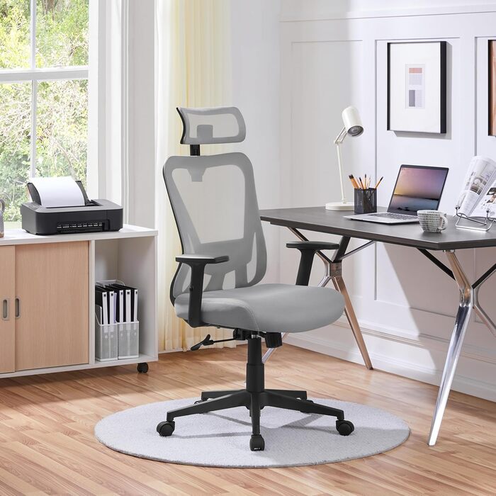 Офісне крісло Yaheetech з регульованою підголівником та підтримкою попереку, дихаюча сітчаста спинка, широке сидіння, S-подібна спинка, поворот на 360°, сірий колір