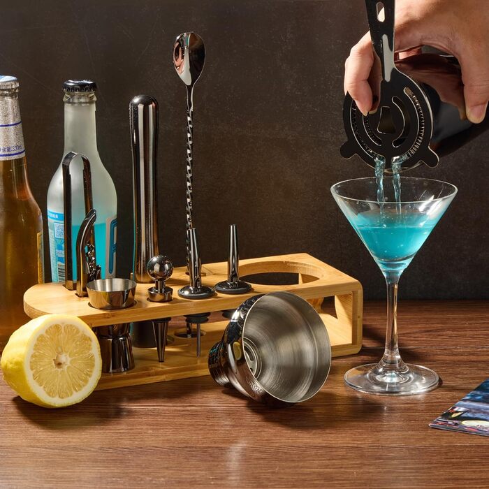 Набір шейкер для коктейлів Barkeeper Kit: 12 предметів з бамбуковим стійкою | Набір бармена з аксесуарами, для приготування напоїв, бару, дому, лаунж та вечірки (Золотий) (з титановим покриттям)