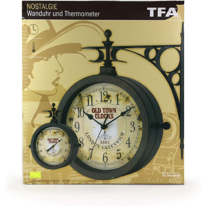 TFA Dostmann Nostalgia Wall Clock and Thermometer, Garden Clock, 60.3011, Outdoor Clock, Suitable for Outdoor Areas, Double-Sided, Antique Copper, L 270 x W 95 x H 295 mm