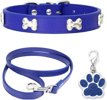 Нашийник для собак з шкіри та поводок-комбінований набір. Регульований нашийник для цуценят та собак середніх та маленьких порід. Білий (L, Синій)