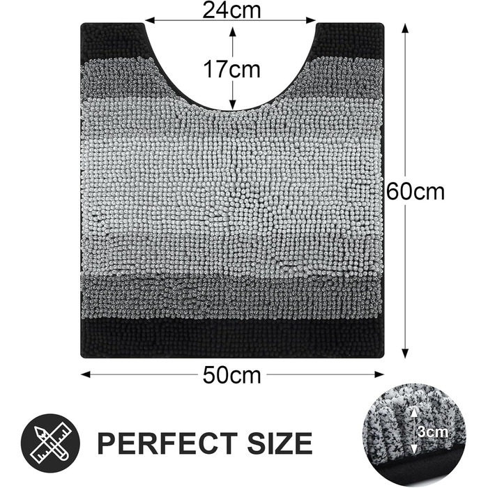 Килимок для ванної кімнати Homaxy з м'якого велюру, неслизький, швидковисихаючий, 40x60 см / 50x60 см (U-подібний), чорний