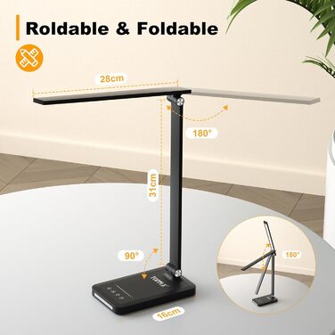 TOPPLEE LED Desk Lamp - Dimmable Table Lamp with Rechargeable Battery, 5 Colors & 10 Brightness Levels, USB Charging Port, Office Lamp for Kids & Home, Black