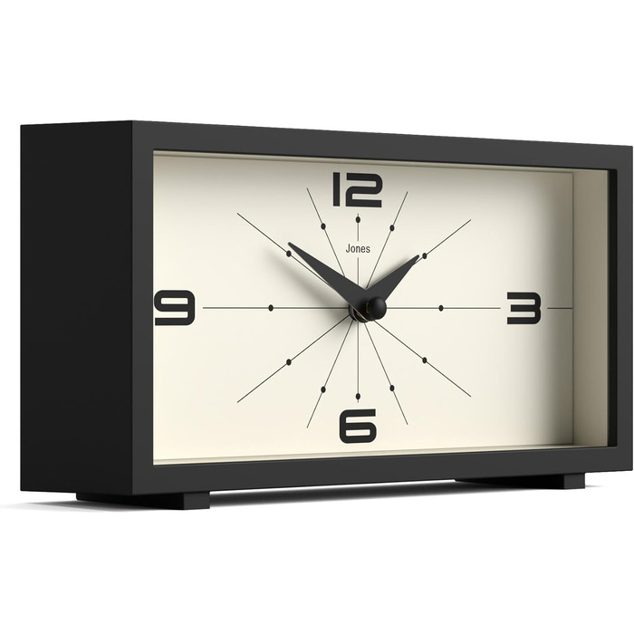 JONES CLOCKS® Desk Clock 'Odeon' – modern rectangular design in black, stylish retro look for shelf, table, mantelpiece or bedside table