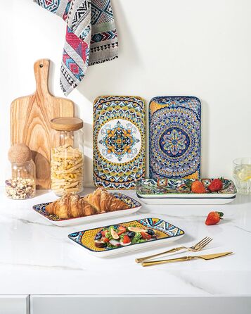 Сервіровочні тарілки HENXFEN з порцеляни, 10 дюймів, набір прямокутних тарілок для салату, закусок, сашимі, богемний квітковий дизайн у 6 яскравих кольорах